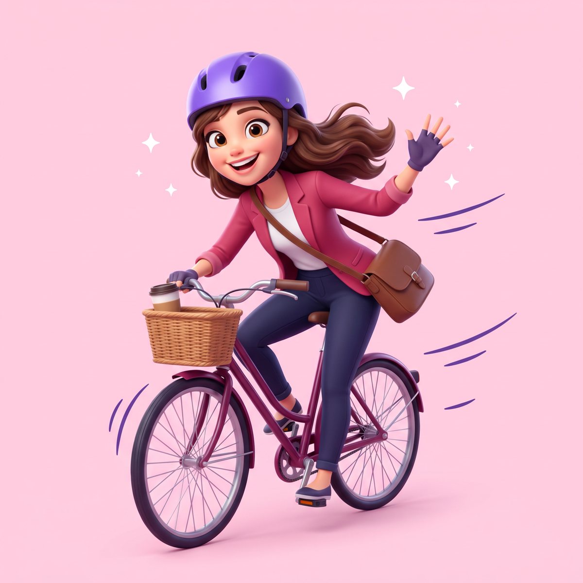 Salariée souriante à vélo, casque violet et sacoche, qui fait coucou