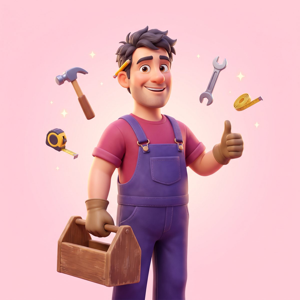 Artisan souriant en salopette violette, caisse à outils à la main, pouce levé