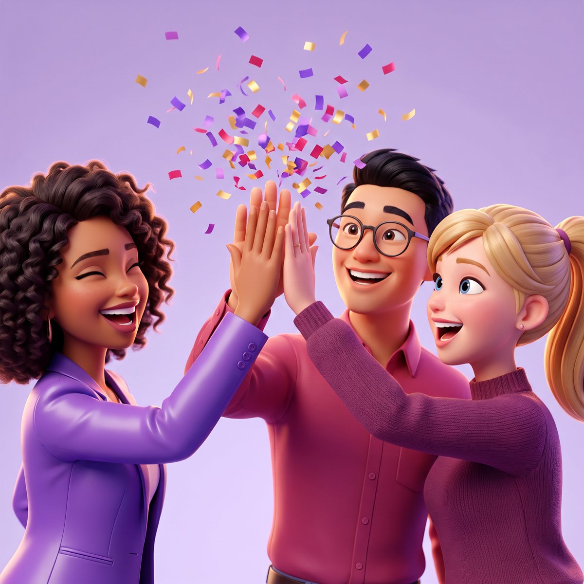 Trois collègues souriants qui se tapent dans la main sous les confettis