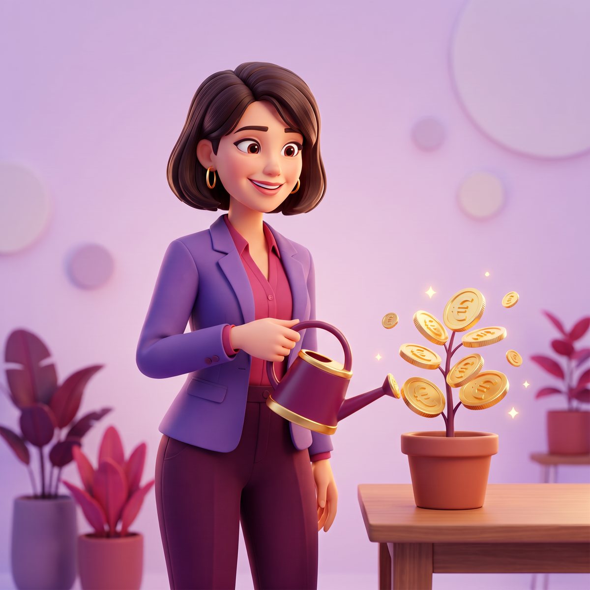 Femme souriante qui arrose une plante dont les feuilles sont des pièces d’or