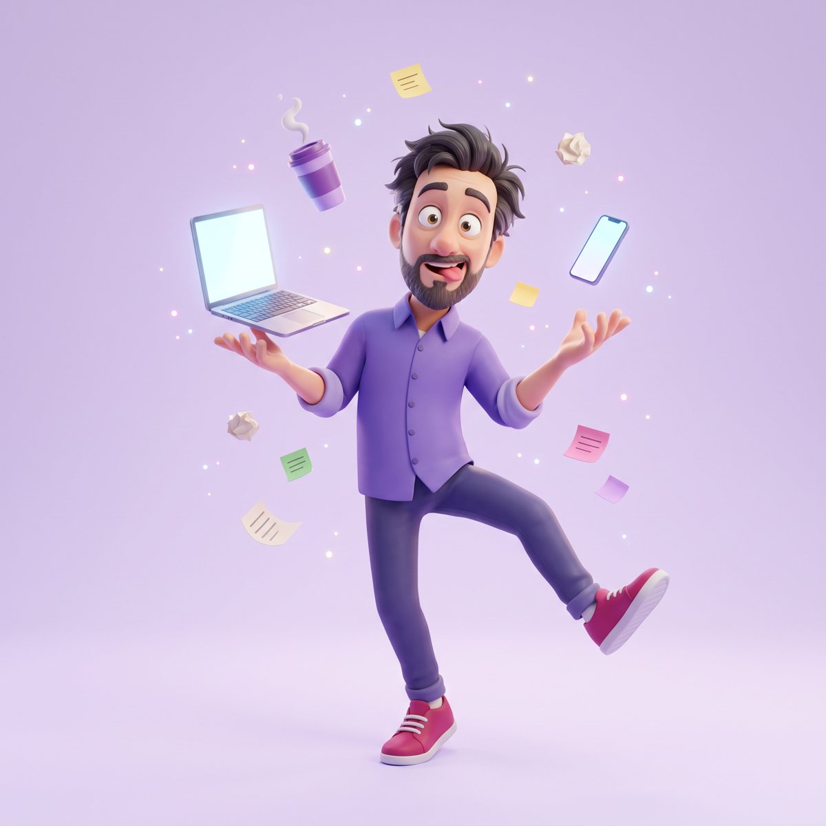 Indépendant qui jongle avec son ordinateur, son téléphone et son café