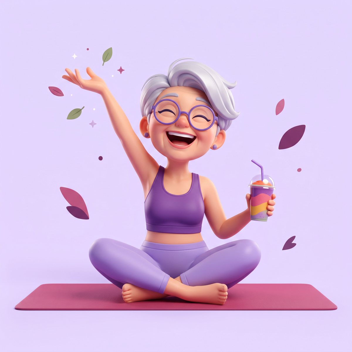 Senior souriante en tenue de yoga, smoothie à la main